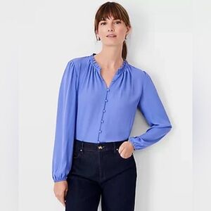 ANN TAYLOR | XXL MIXED MEDIA RUFFLE NECK TOP IN BRILLIANT PERIWINKLE BLUE